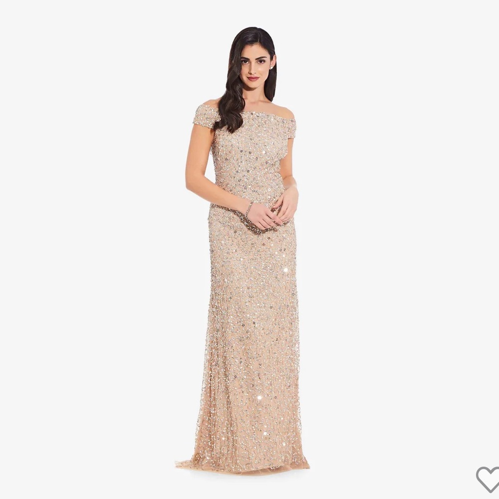 Adrianna Papell - Off The Sholder Sequin Beaded Gown in Champagne Size 2